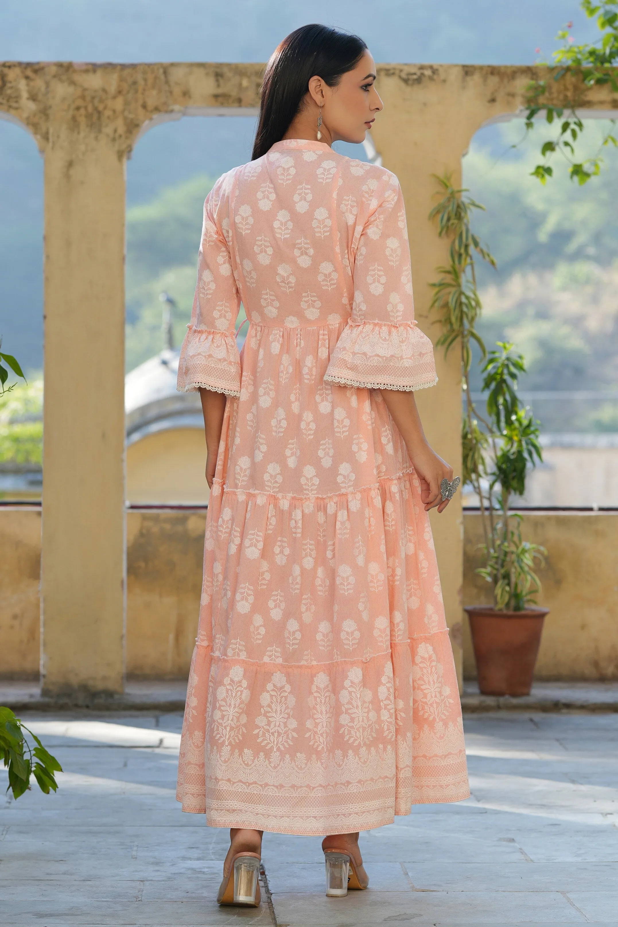 Jashvi Peach Ethnic Motif Printed Pure Cotton Tiered Maxi Dress With Sequins Work