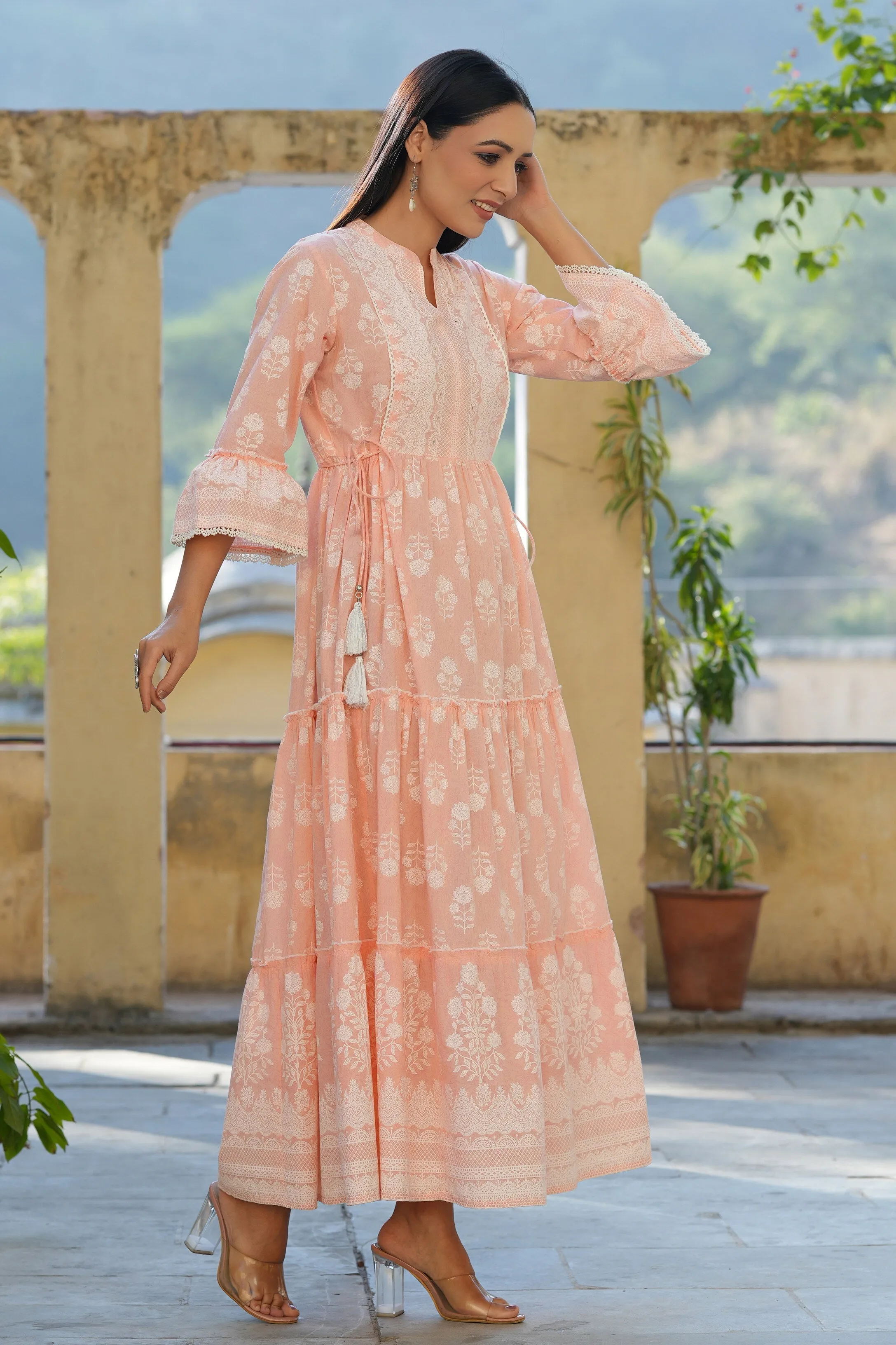 Jashvi Peach Ethnic Motif Printed Pure Cotton Tiered Maxi Dress With Sequins Work