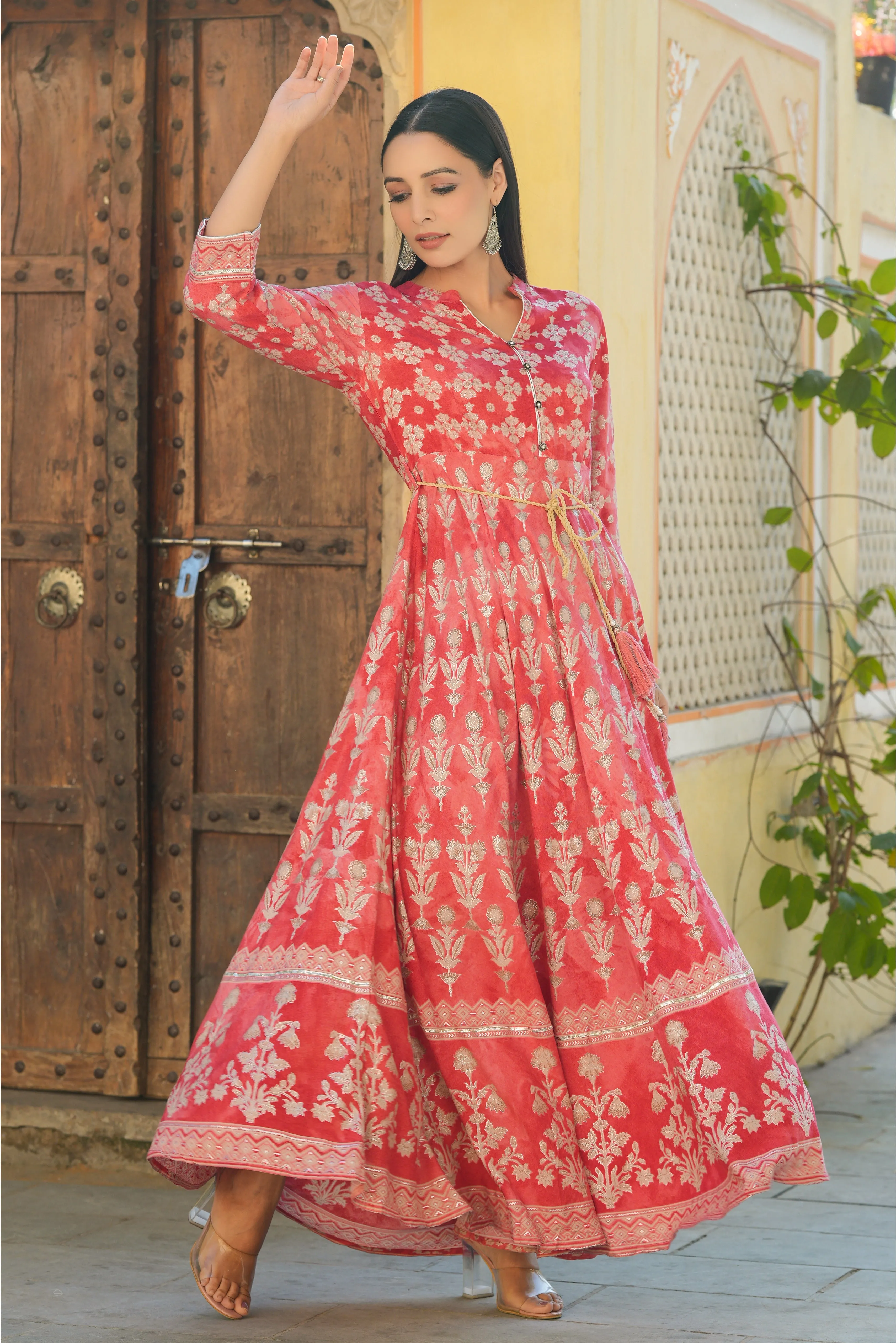 Jashvi Peach Floral Printed Rayon Flared Maxi Dress.