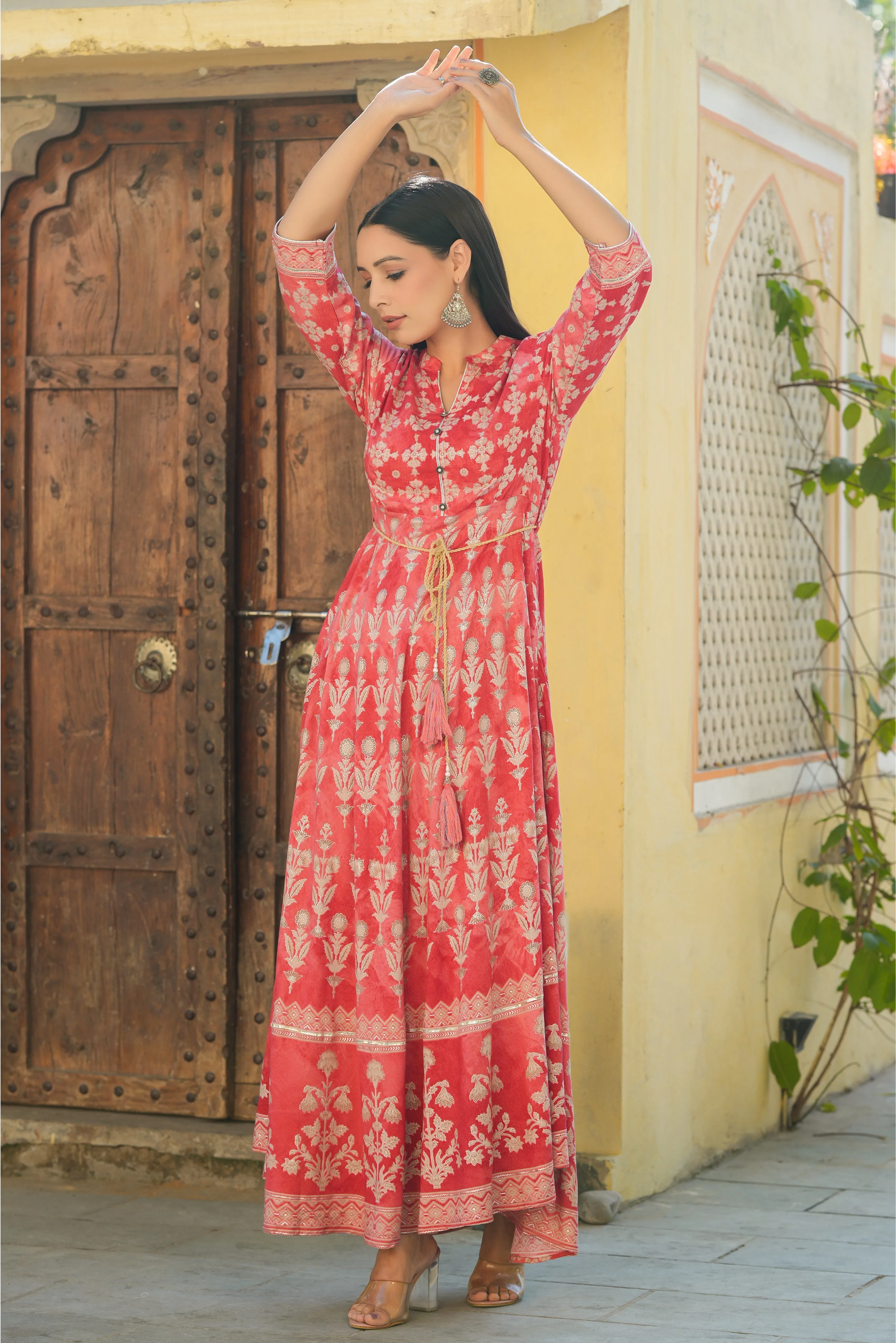 Jashvi Peach Floral Printed Rayon Flared Maxi Dress.