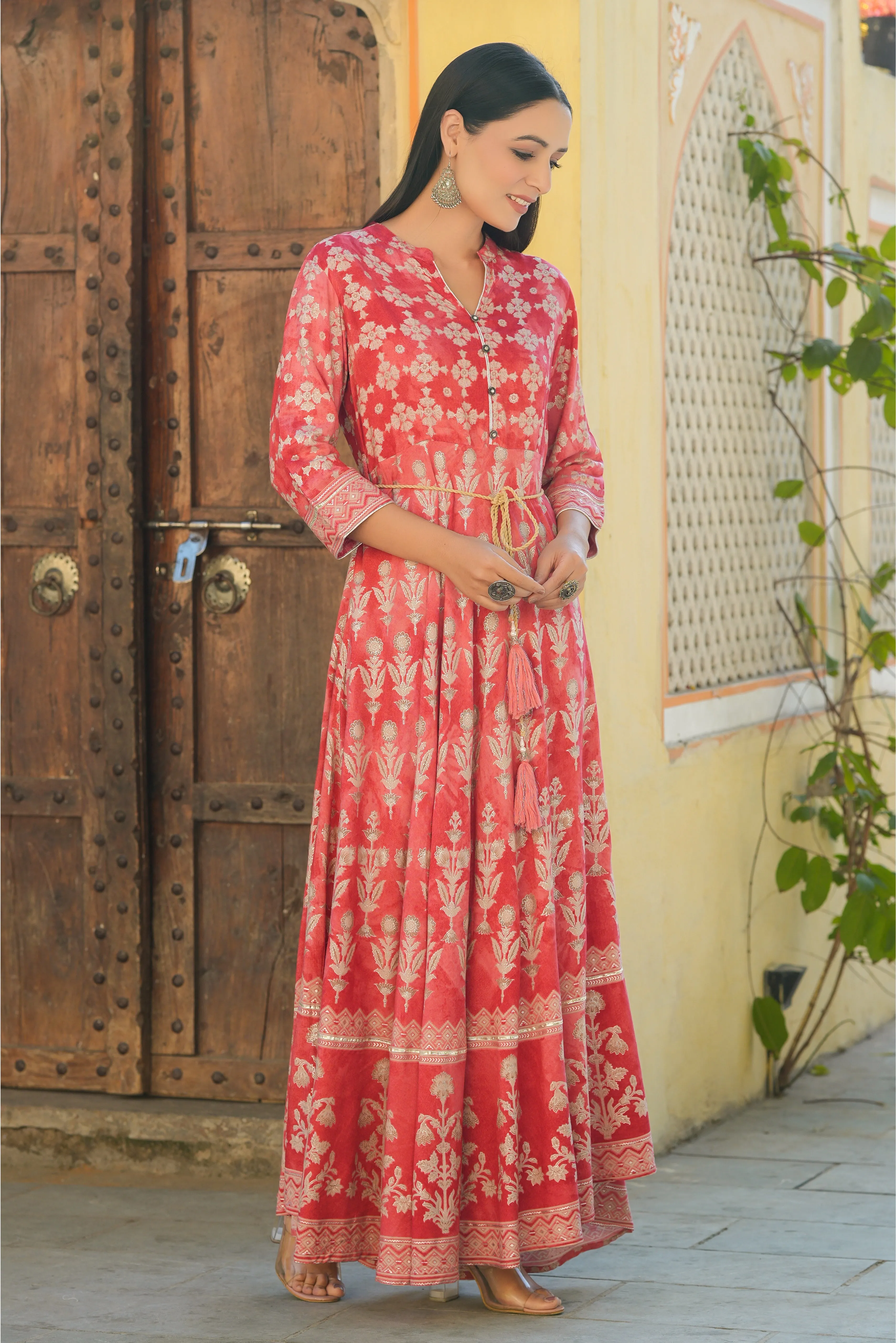 Jashvi Peach Floral Printed Rayon Flared Maxi Dress.