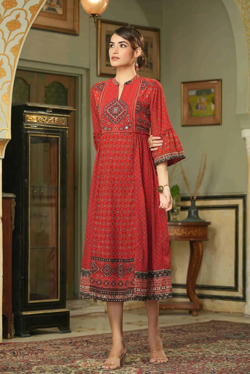 Jashvi Red Ethnic Motif Printed Georgette Flared Dress.