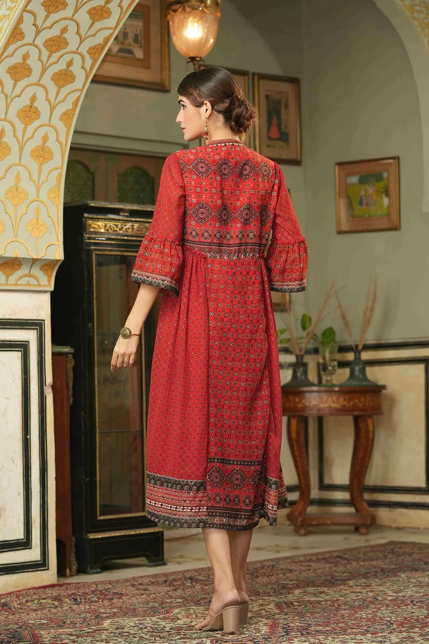 Jashvi Red Ethnic Motif Printed Georgette Flared Dress.