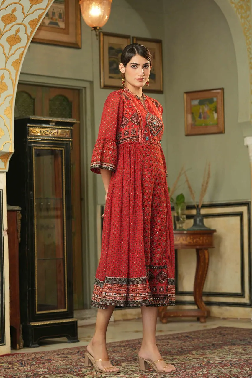 Jashvi Red Ethnic Motif Printed Georgette Flared Dress.