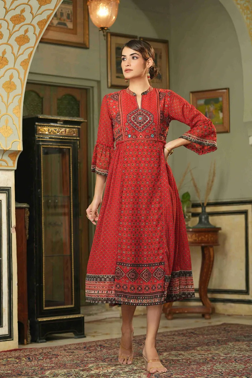 Jashvi Red Ethnic Motif Printed Georgette Flared Dress.