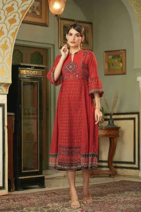 Jashvi Red Ethnic Motif Printed Georgette Flared Dress.