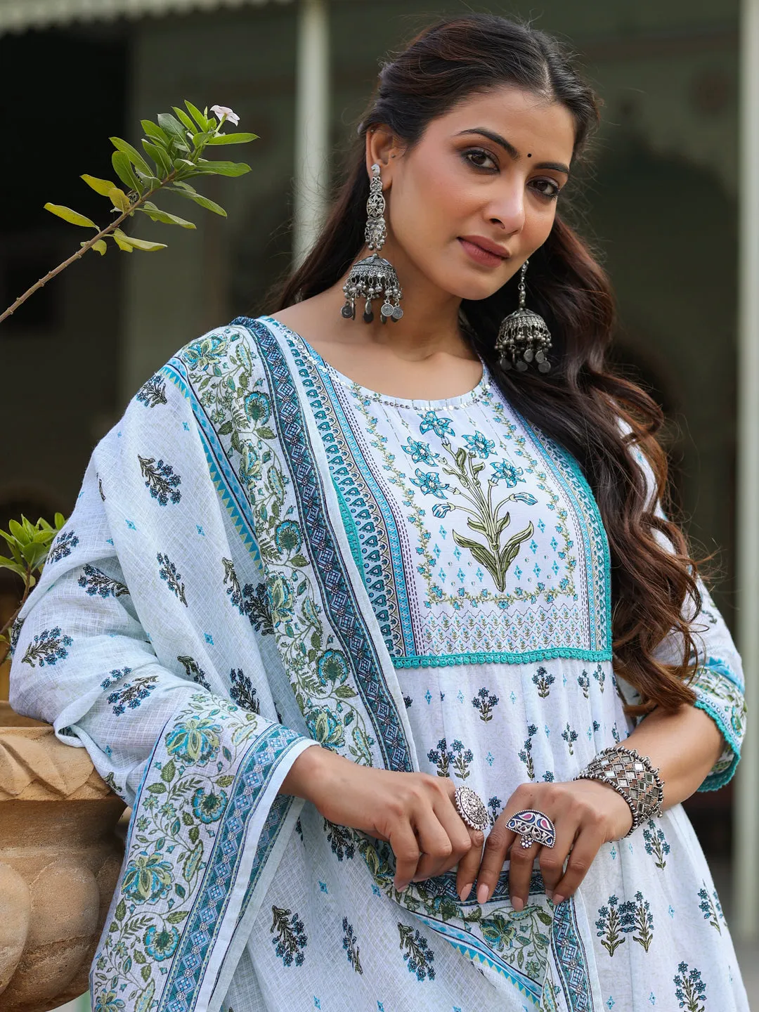 Jashvi Sky Blue Ethnic Motif Printed Pure Cotton Anarkali Dress & Dupatta Set With Beads & Sequins