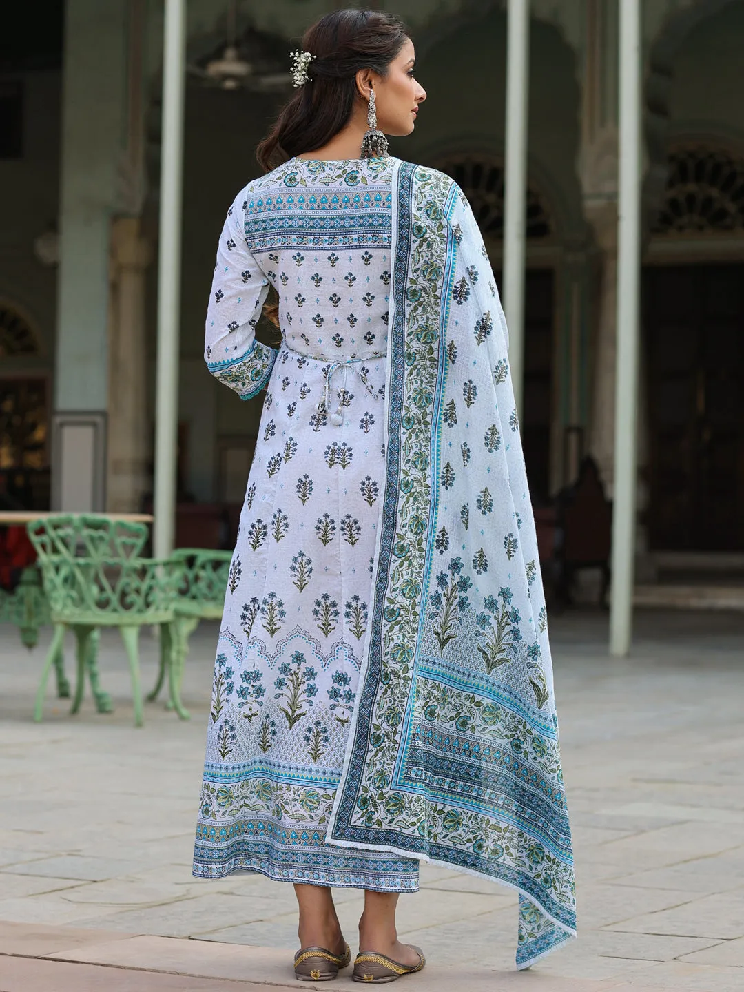 Jashvi Sky Blue Ethnic Motif Printed Pure Cotton Anarkali Dress & Dupatta Set With Beads & Sequins