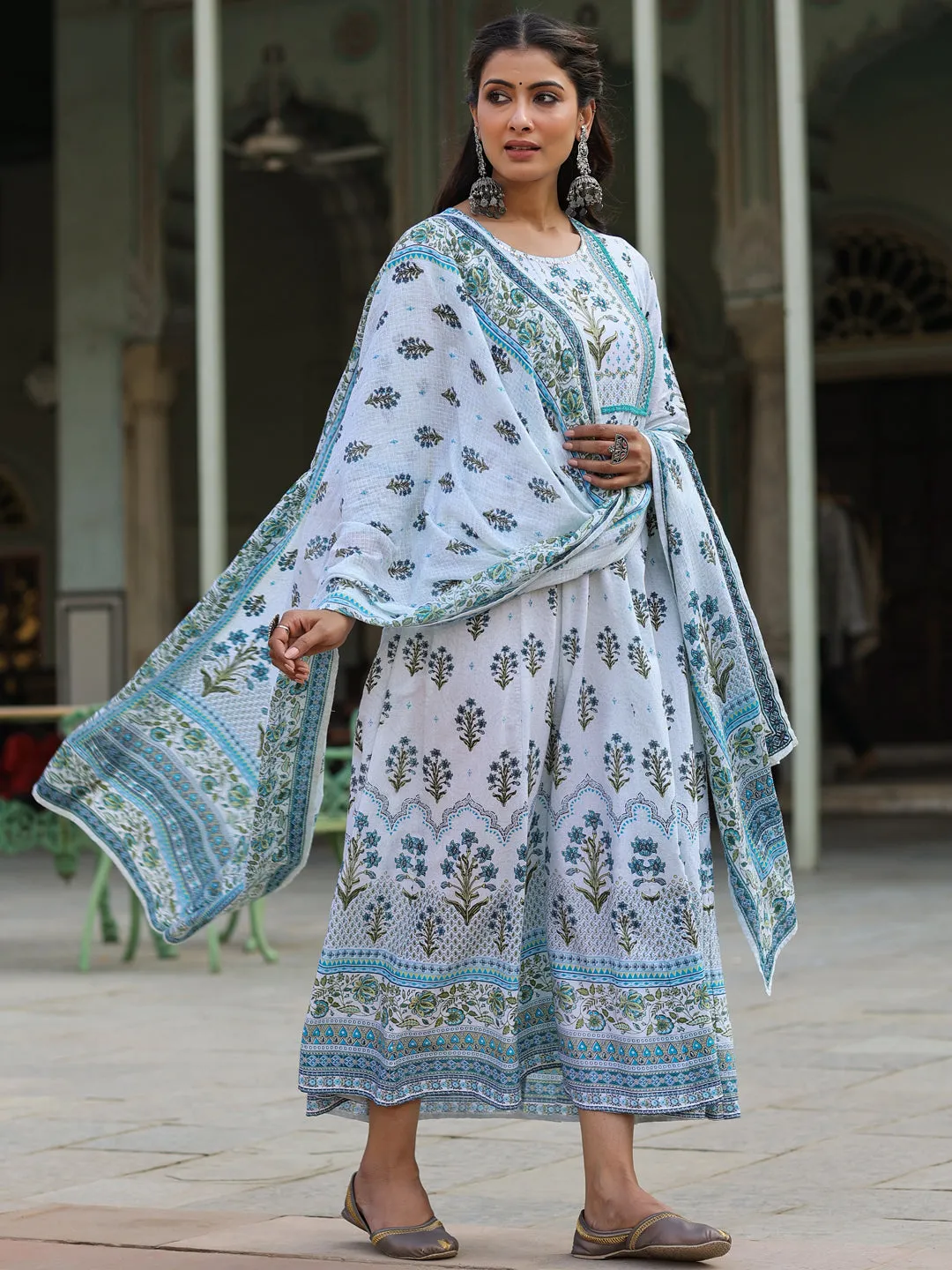 Jashvi Sky Blue Ethnic Motif Printed Pure Cotton Anarkali Dress & Dupatta Set With Beads & Sequins