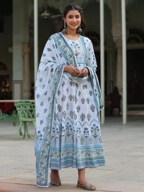 Jashvi Sky Blue Ethnic Motif Printed Pure Cotton Anarkali Dress & Dupatta Set With Beads & Sequins