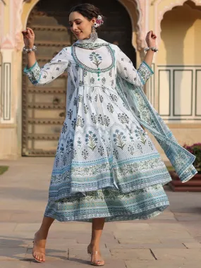 Jashvi  Sky Blue Ethnic Motif Printed Pure Cotton Layered Dress & Kota Dupatta Set With Thread Work