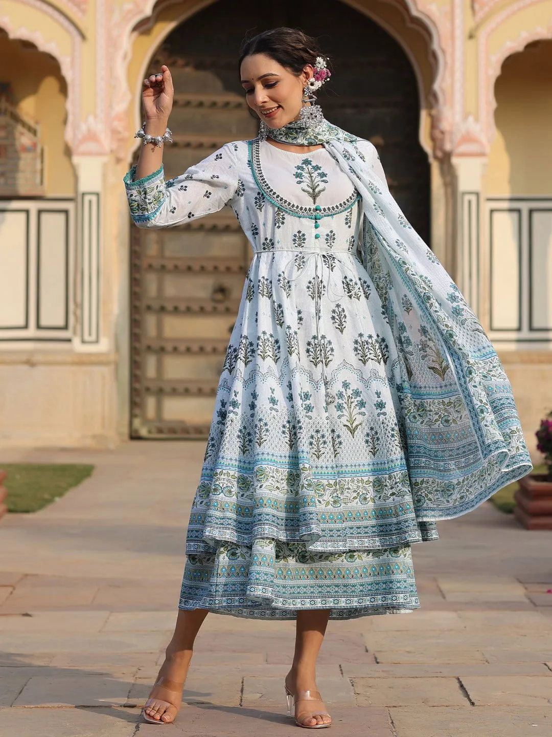 Jashvi  Sky Blue Ethnic Motif Printed Pure Cotton Layered Dress & Kota Dupatta Set With Thread Work