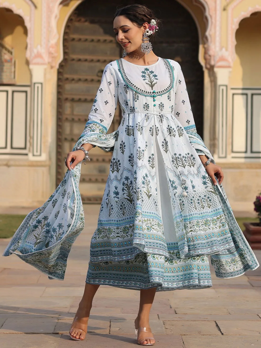 Jashvi  Sky Blue Ethnic Motif Printed Pure Cotton Layered Dress & Kota Dupatta Set With Thread Work