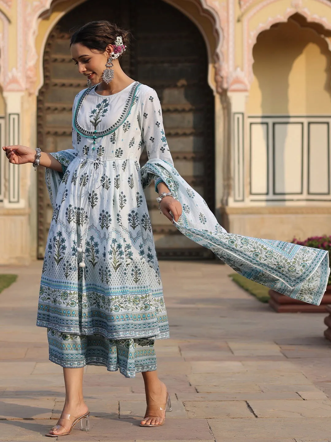 Jashvi  Sky Blue Ethnic Motif Printed Pure Cotton Layered Dress & Kota Dupatta Set With Thread Work