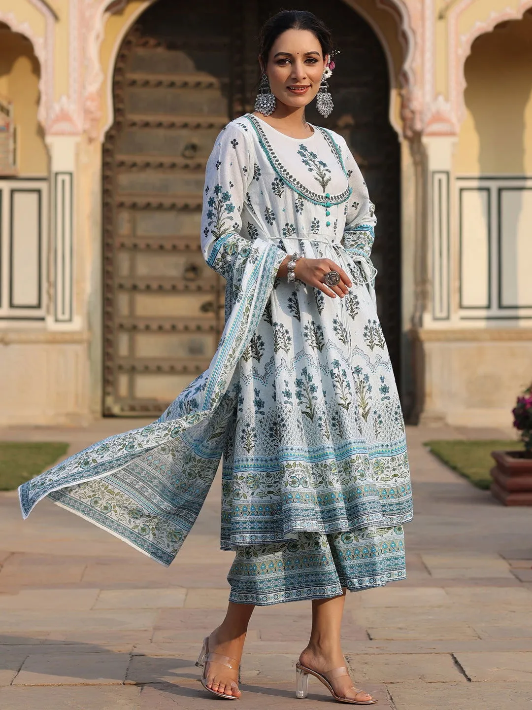 Jashvi  Sky Blue Ethnic Motif Printed Pure Cotton Layered Dress & Kota Dupatta Set With Thread Work