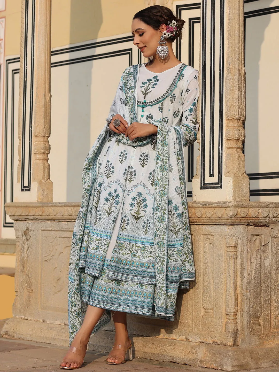 Jashvi  Sky Blue Ethnic Motif Printed Pure Cotton Layered Dress & Kota Dupatta Set With Thread Work