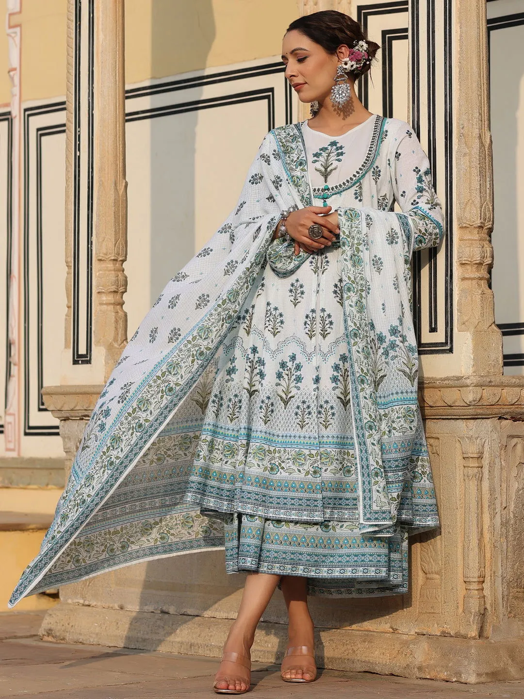 Jashvi  Sky Blue Ethnic Motif Printed Pure Cotton Layered Dress & Kota Dupatta Set With Thread Work