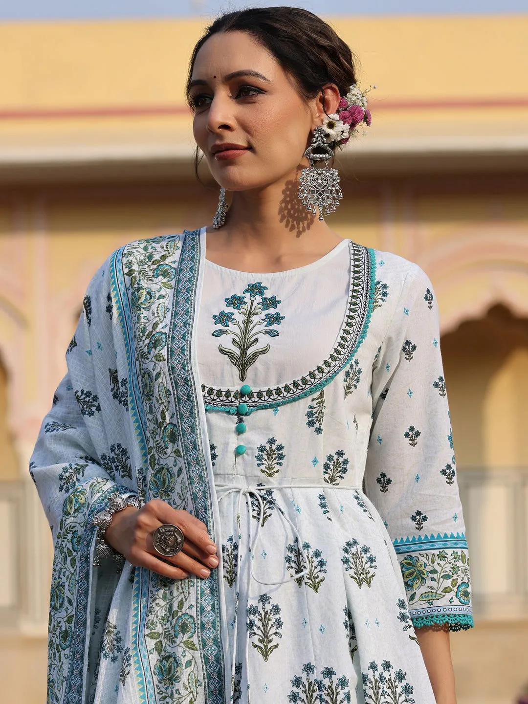 Jashvi  Sky Blue Ethnic Motif Printed Pure Cotton Layered Dress & Kota Dupatta Set With Thread Work