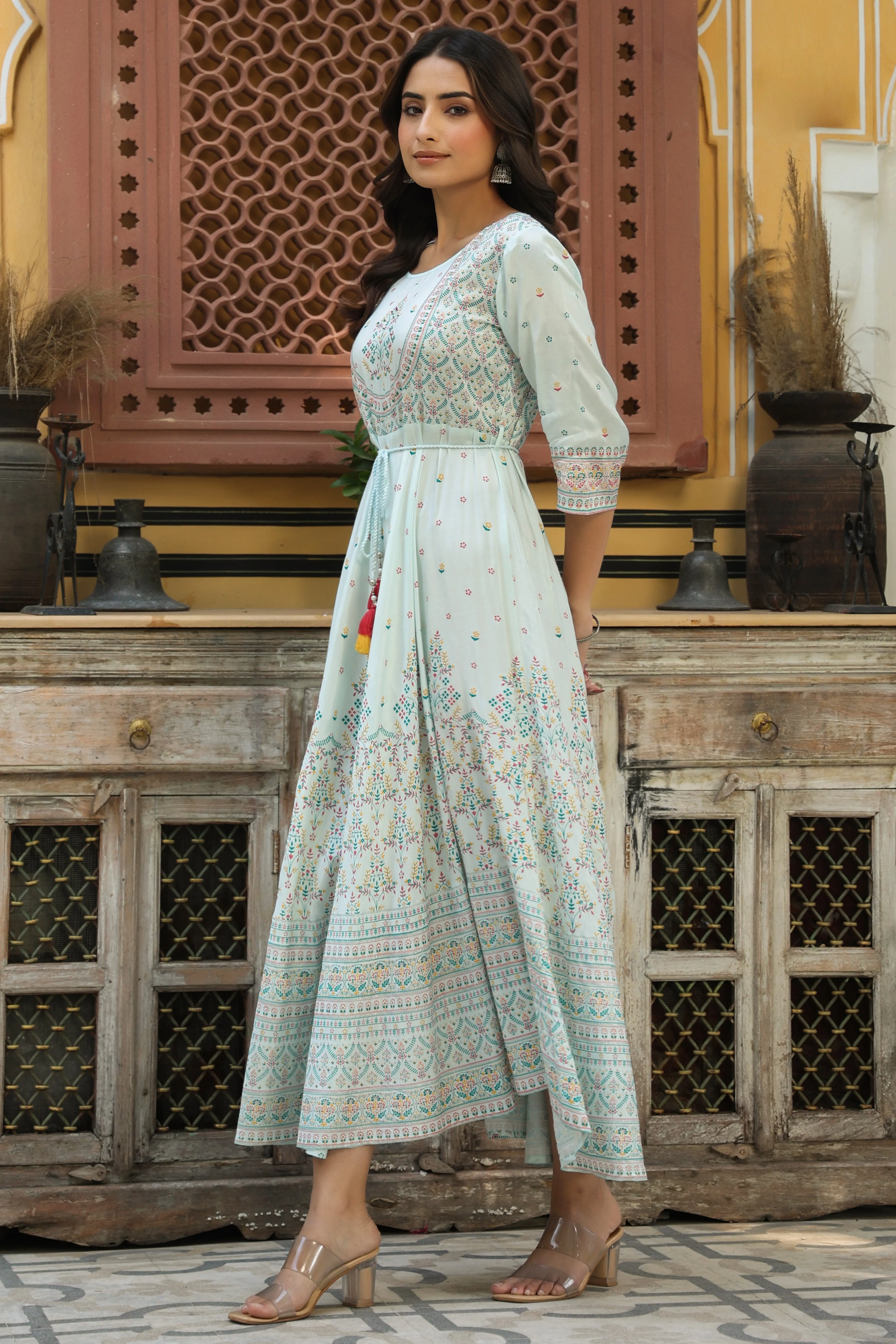 Jashvi Sky Blue Ethnic Motif Printed Shantoon Flared Maxi dress With Beads & Sequins Work