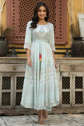 Jashvi Sky Blue Ethnic Motif Printed Shantoon Flared Maxi dress With Beads & Sequins Work