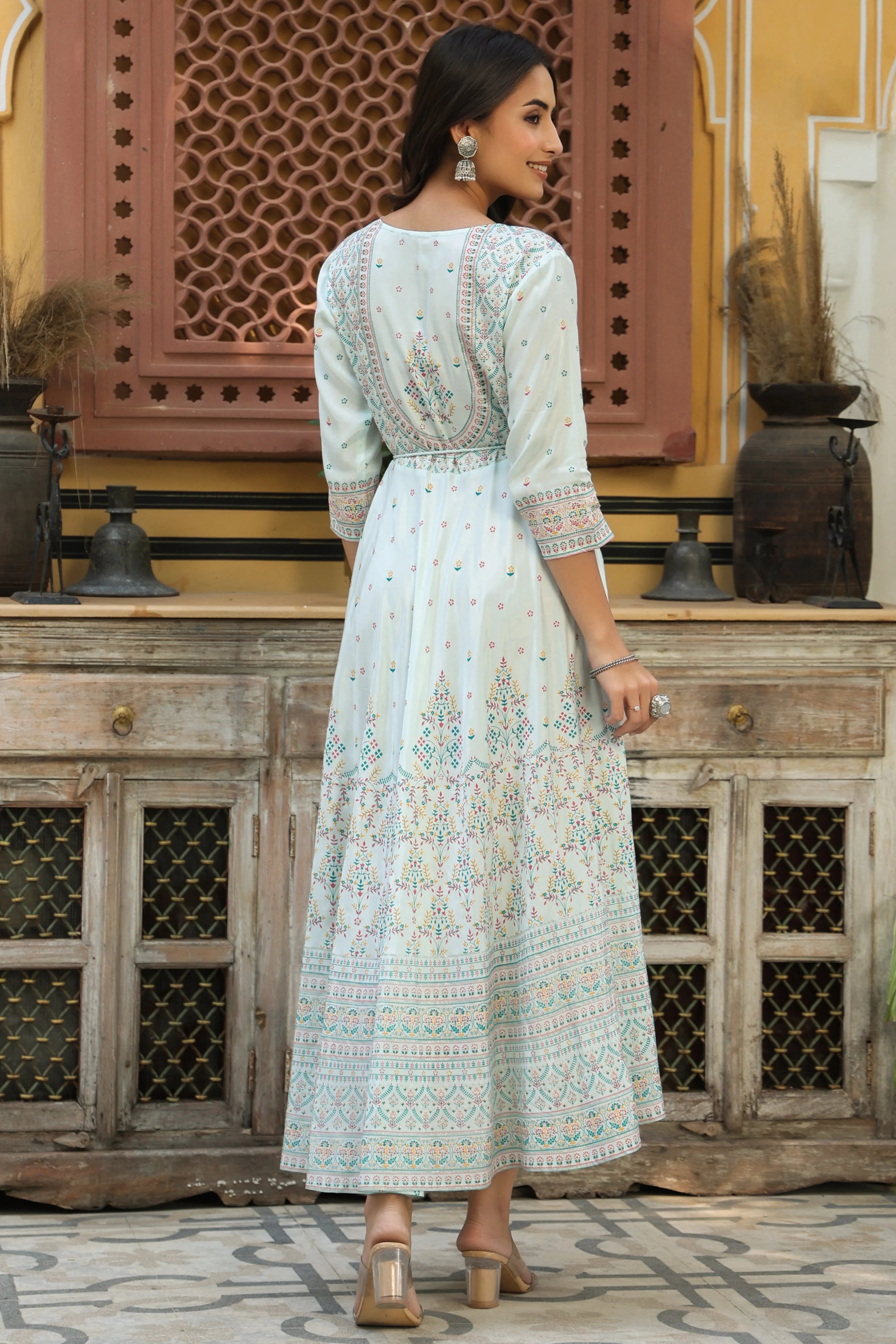 Jashvi Sky Blue Ethnic Motif Printed Shantoon Flared Maxi dress With Beads & Sequins Work