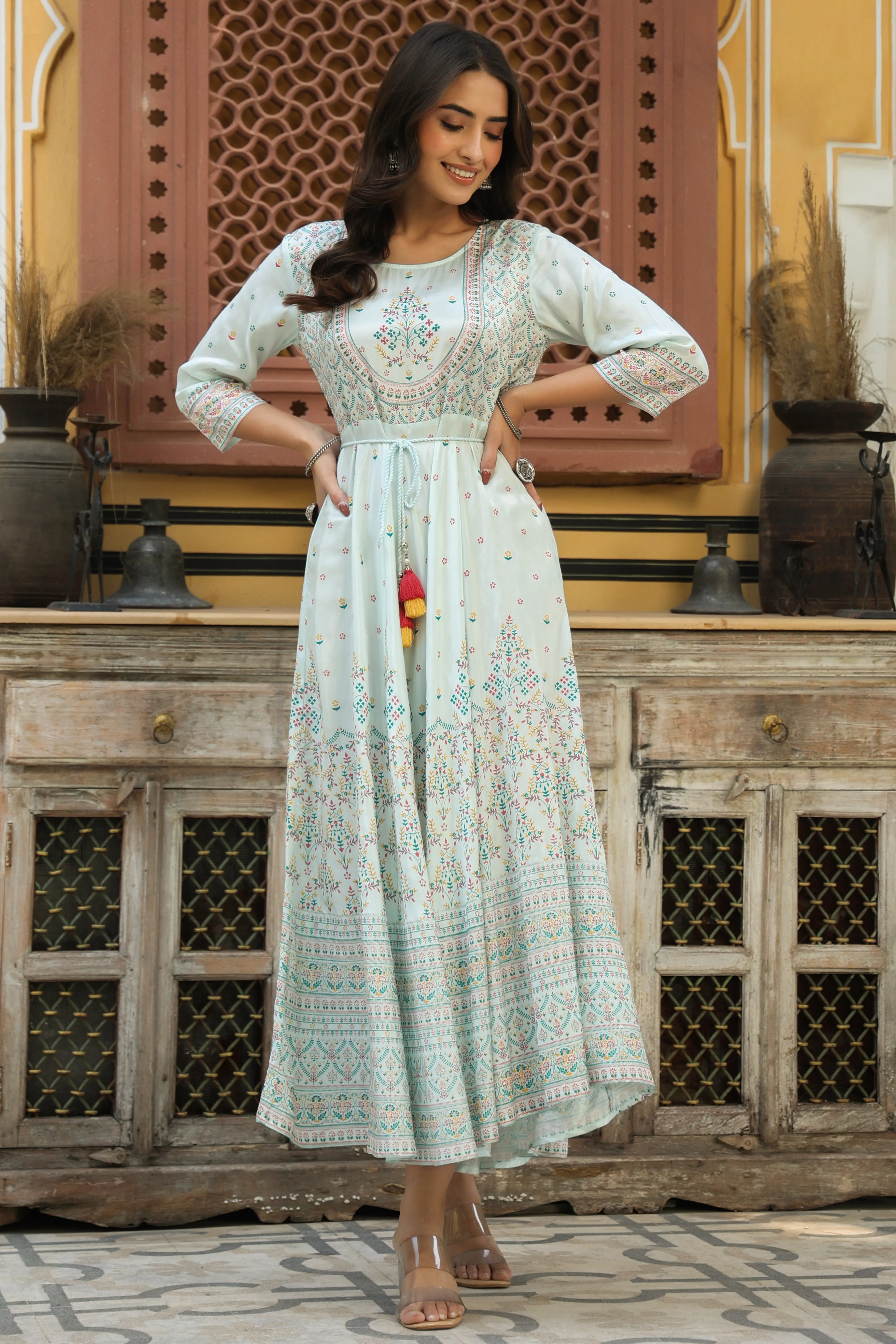 Jashvi Sky Blue Ethnic Motif Printed Shantoon Flared Maxi dress With Beads & Sequins Work