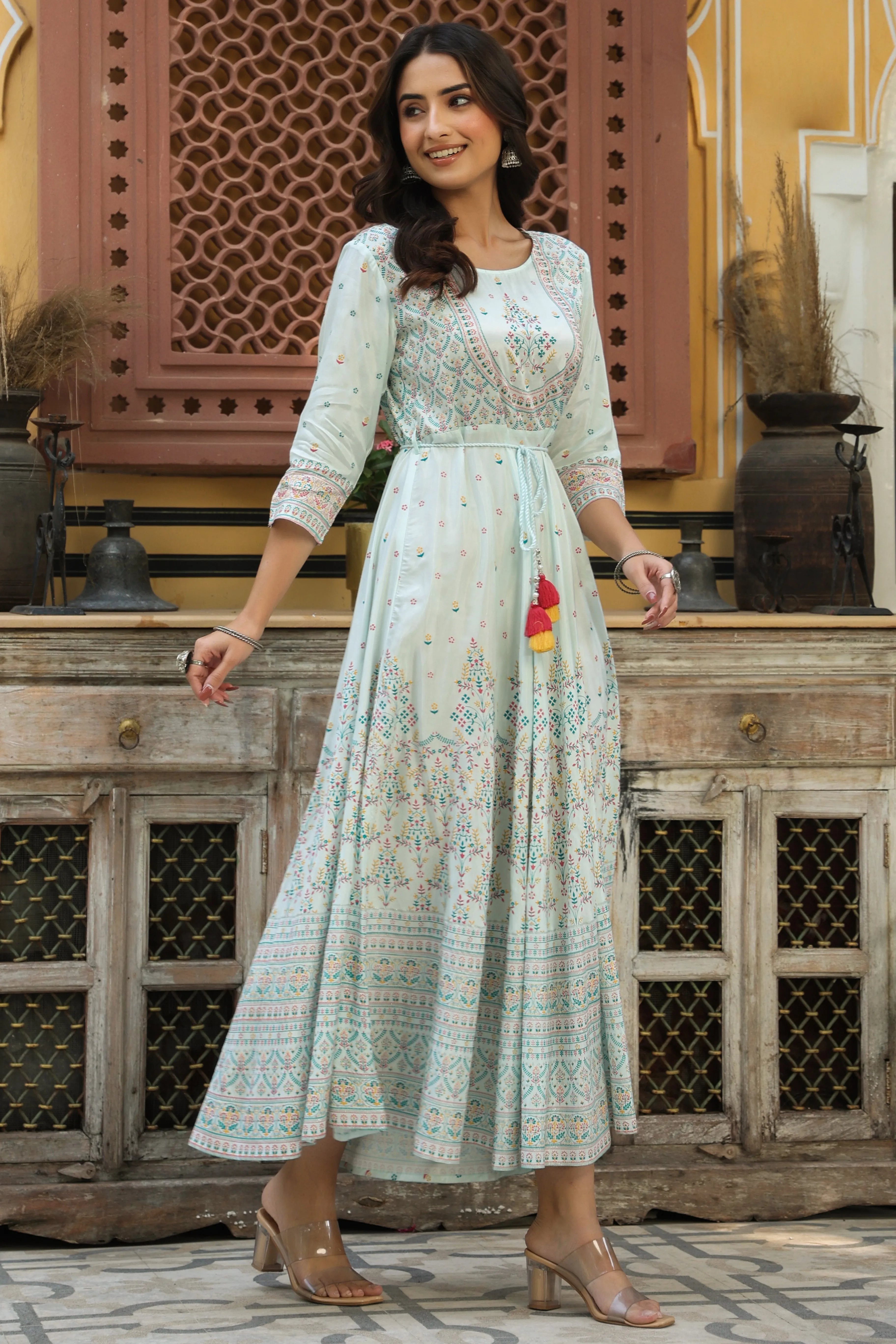 Jashvi Sky Blue Ethnic Motif Printed Shantoon Flared Maxi dress With Beads & Sequins Work