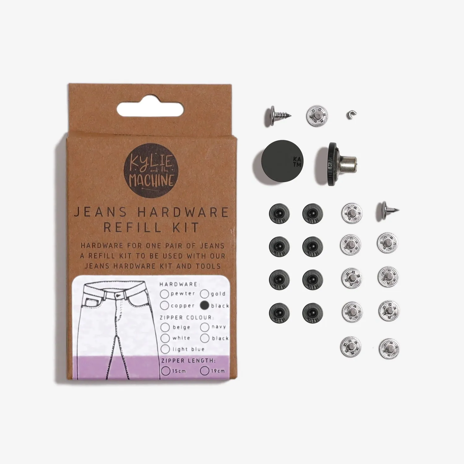 Jeans Hardware Refill Kit - Black Zipper 19cm & Matte Black Hardware - Kylie and the Machine