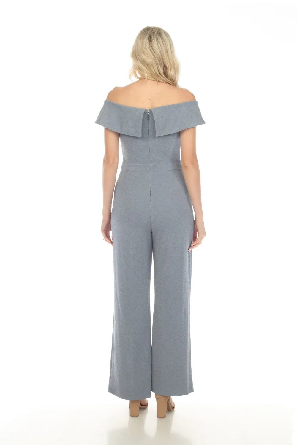 Joseph Ribkoff Serenity Blue/Silver Shimmery Off-Shoulder Wide-Leg Jumpsuit 241724