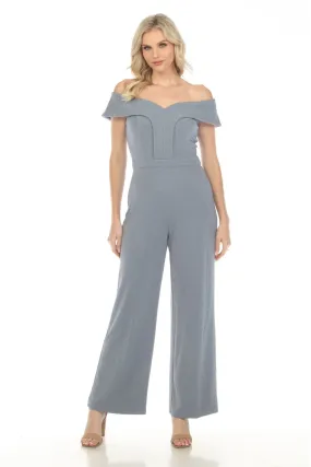 Joseph Ribkoff Serenity Blue/Silver Shimmery Off-Shoulder Wide-Leg Jumpsuit 241724