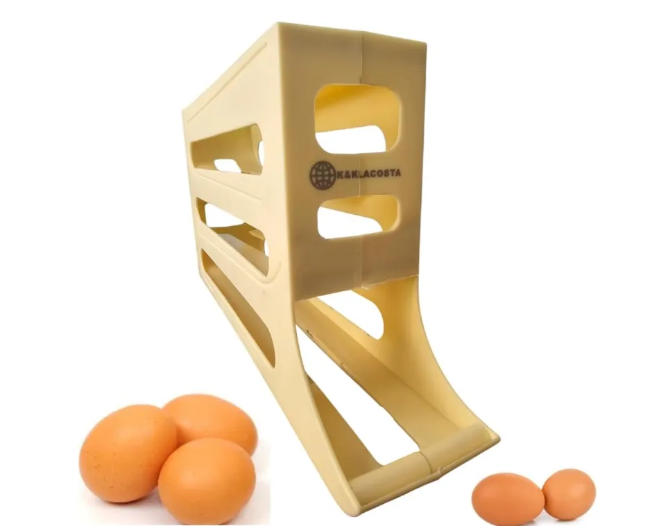 K&KLACOSTA 4 Tier Egg Tray, Automatic Egg Rolling Dispenser Rack for Storing Organizing Distributing and Rolling Eggs in Refrigerator Stackable, in Kitchens, Cabinets, Dining Tables (Yellow)