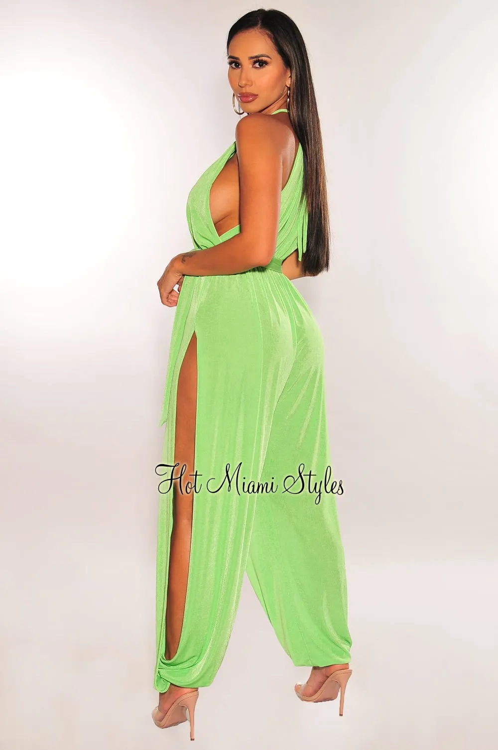 Kelly Green Slit Hem Belted Harem Jumpsuit