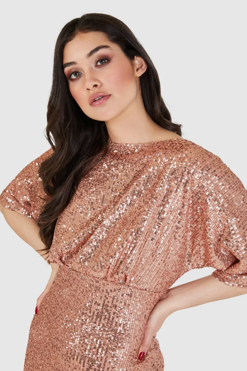 Kimmy Kimono Pencil Midi Dress (Rose Gold)