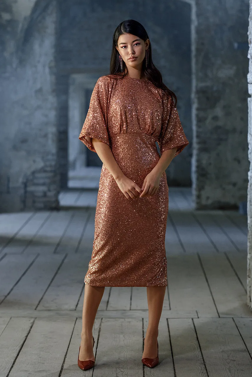 Kimmy Kimono Pencil Midi Dress (Rose Gold)