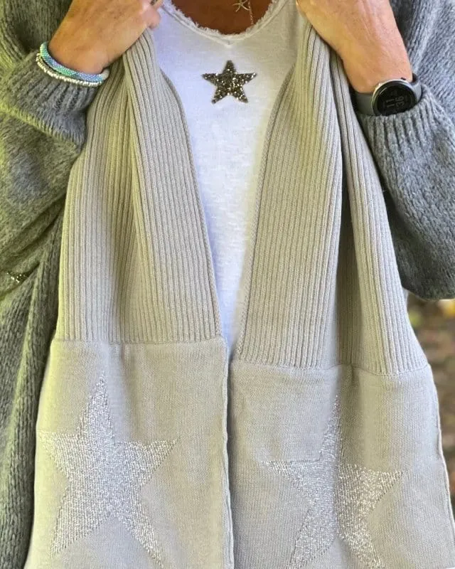 Knitted Cotton Lurex Star Scarf - Pale Grey