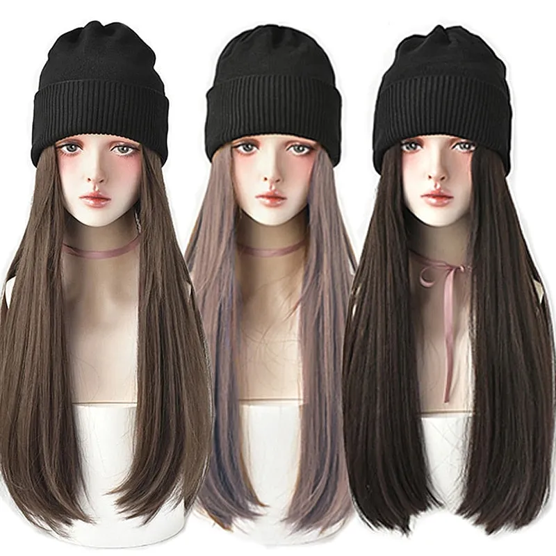 Knitted Long Hair Wig Beanie