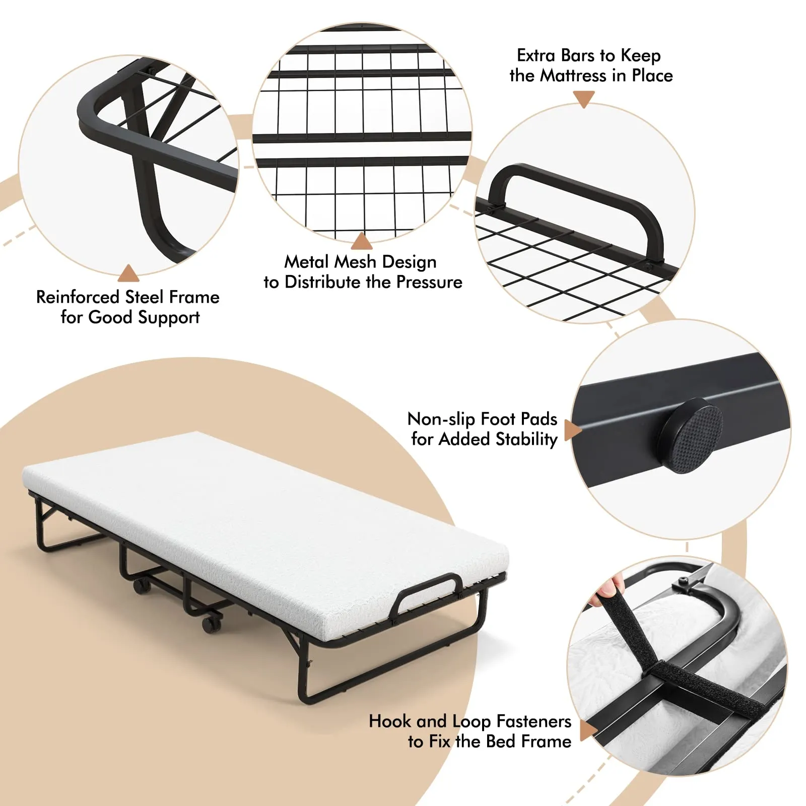 KOMFOTT Folding Rollaway Bed with 4" Mattress, Twin Size Portable Bed with Rolling Casters