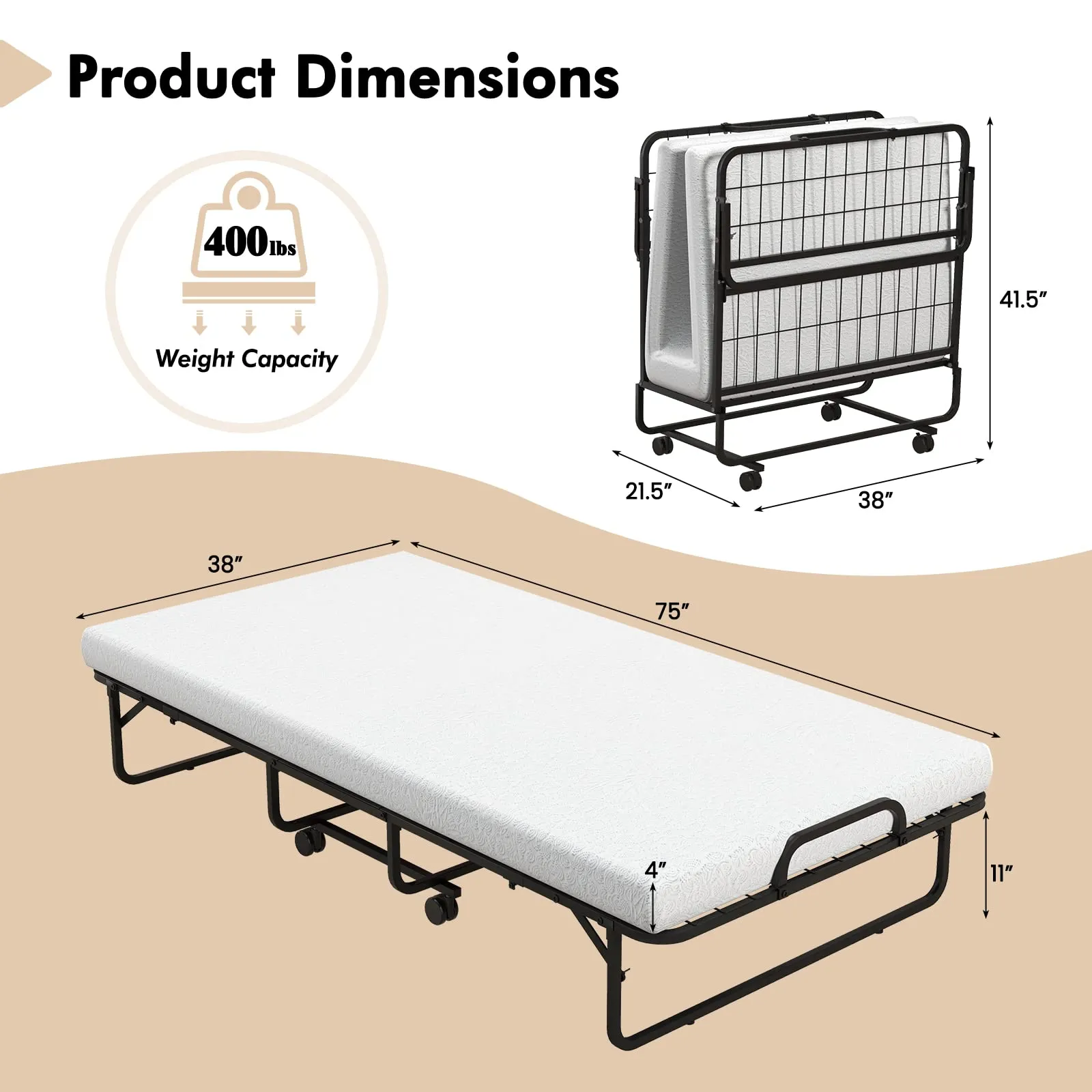 KOMFOTT Folding Rollaway Bed with 4" Mattress, Twin Size Portable Bed with Rolling Casters