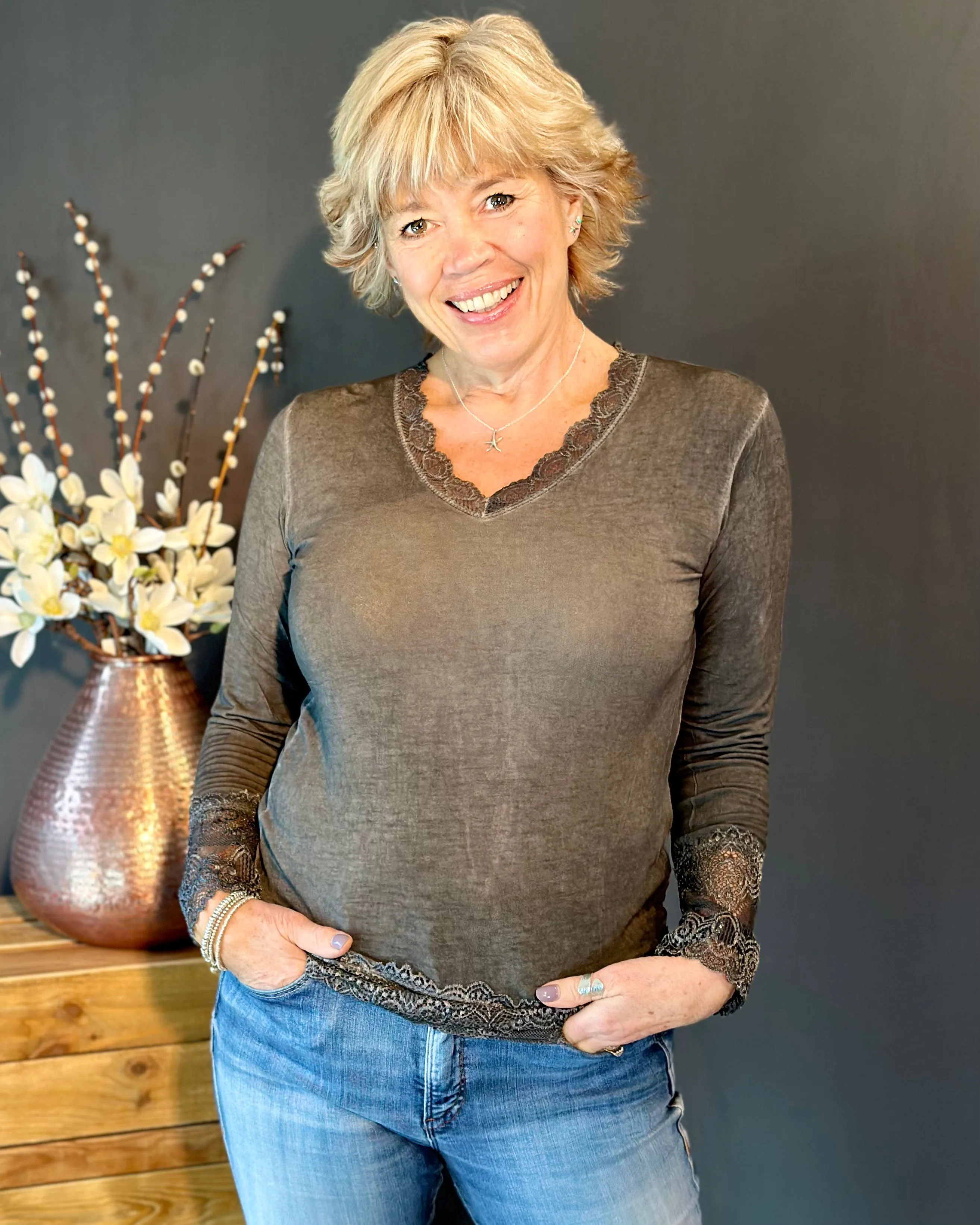 Lace Detail Long Sleeved Top - Charcoal Grey