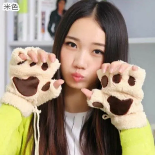 Ladies Winter Fingerless Bear Paw Gloves