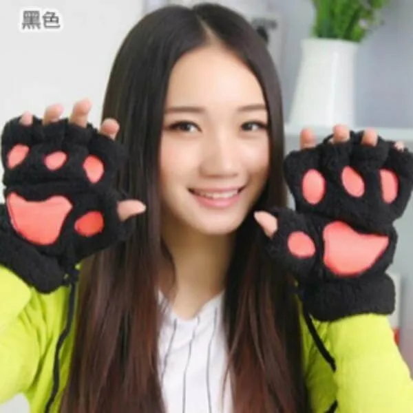 Ladies Winter Fingerless Bear Paw Gloves