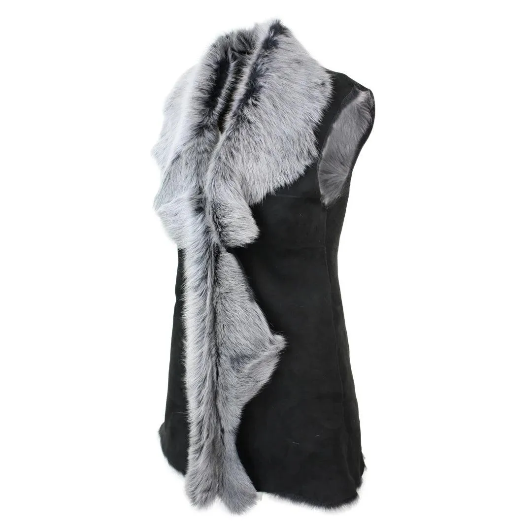 Ladies Women Real Spanish Toscana Shearling Sheepskin Black Grey Leather Waistcoat Gilet