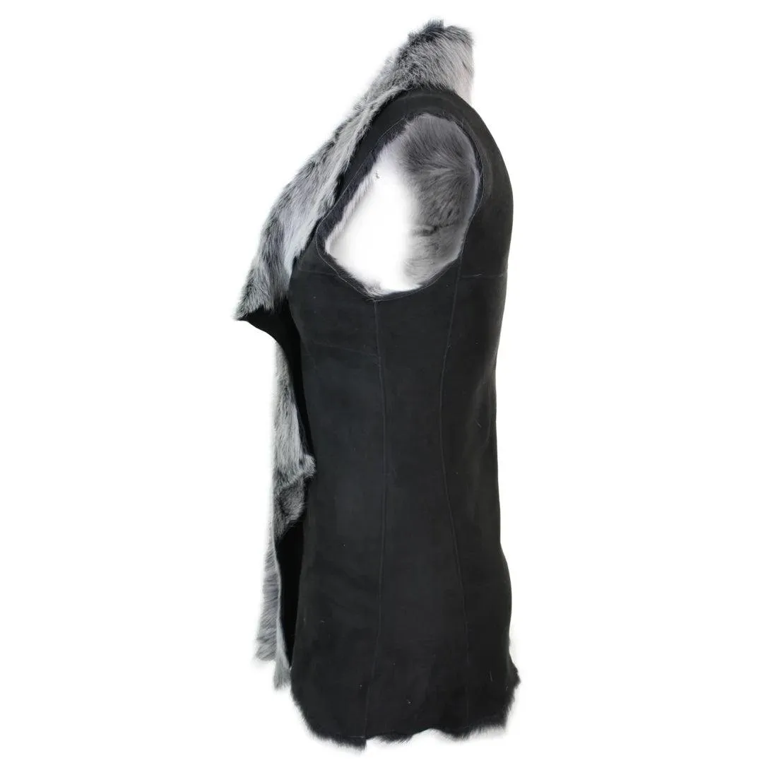 Ladies Women Real Spanish Toscana Shearling Sheepskin Black Grey Leather Waistcoat Gilet