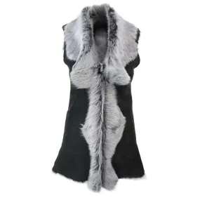 Ladies Women Real Spanish Toscana Shearling Sheepskin Black Grey Leather Waistcoat Gilet