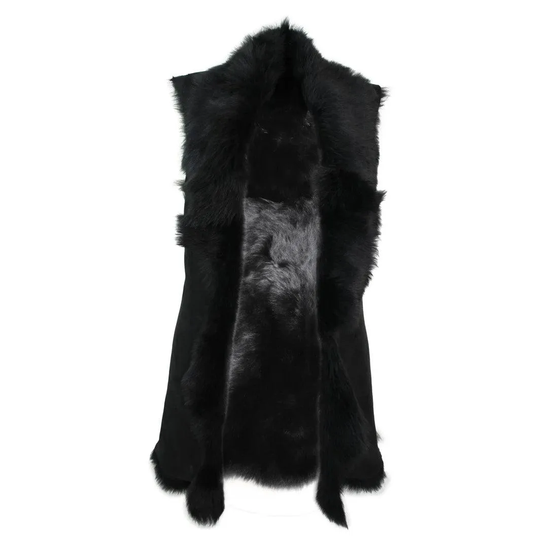 Ladies Women Real Spanish Toscana Shearling Sheepskin Black Leather Waistcoat Gilet