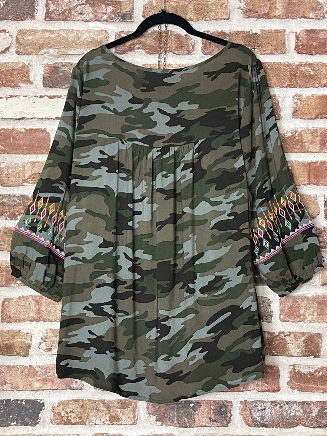 LAUGH EMBROIDERED BOHO BABYDOLL CAMO TUNIC