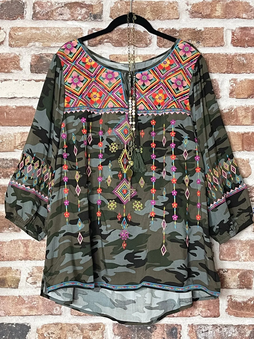 LAUGH EMBROIDERED BOHO BABYDOLL CAMO TUNIC