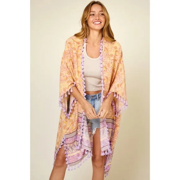 Lavender Paisley Printed Kimono Wrap Bohemian Cardigan w/ Tassels Fringe Womens