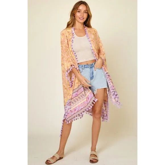 Lavender Paisley Printed Kimono Wrap Bohemian Cardigan w/ Tassels Fringe Womens