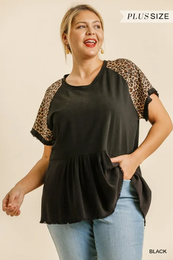 Leopard Sleeve Babydoll Top, Black